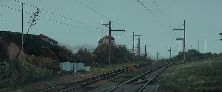 Jonny Sun, digitale Kunst, Eisenbahn, Stromleitungen, Strommast, Haus, HD-Hintergrundbild