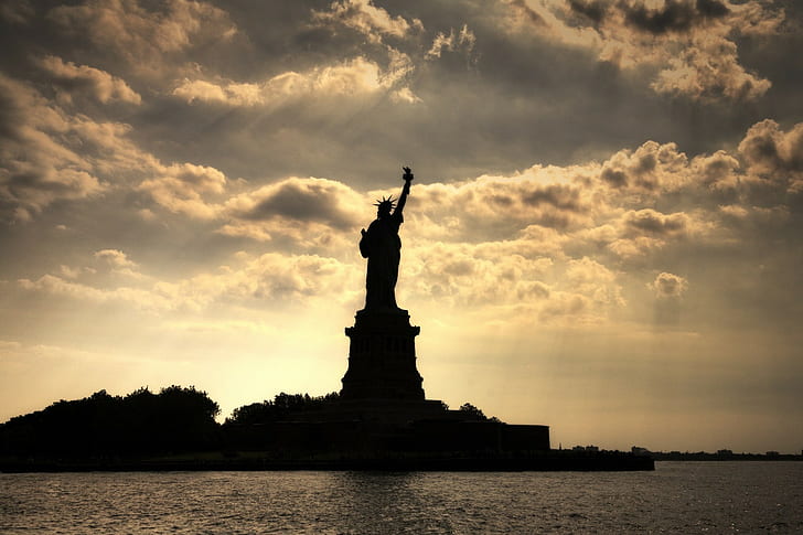 silhouette statue of liberty clouds usa new york city, HD wallpaper