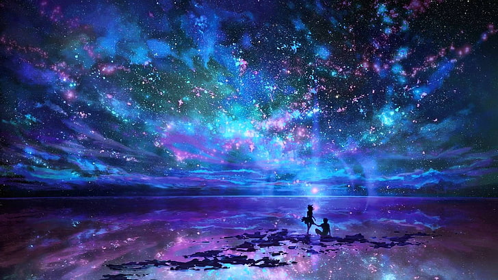 фиолетовое звездное небо иллюстрация, космос, море, фэнтези арт, HD обои