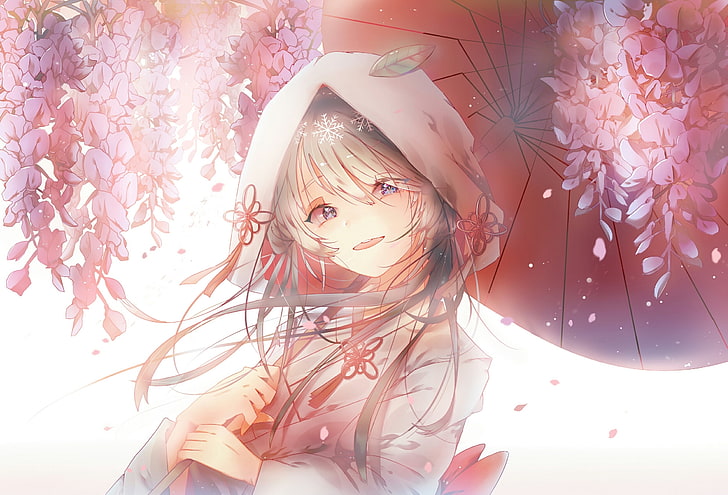 hatsune miku, wedding attire, smiling, umbrella, cherry blossom, vocaloid, Anime, HD wallpaper