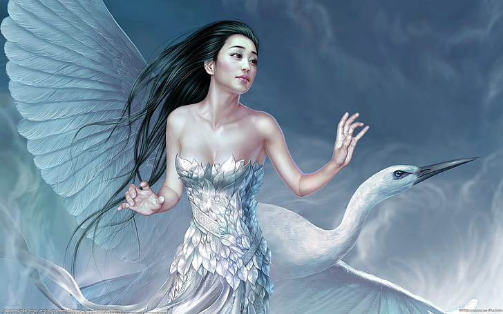 CG Asian Girl HD, рисунок женщины в белом платье с перьями в тюбике с белой птицей, фэнтези, девушка, cg, девушки, азиатка, HD обои