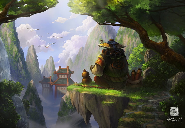 monaco in piedi sotto l'albero illustrazione, alberi, uccelli, rocce, Asia, altezza, cappello, arte, Panda, palcoscenico, tempio, World of Warcraft, Nebbie di Pandaria, Sfondo HD