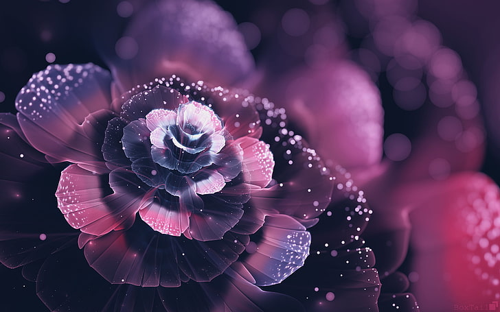 ilustracja fioletowy płatek kwiatu, brązowe i czerwone kwiaty fotografia zbliżeniowa, fraktal, fraktalne kwiaty, abstrakcja, płatki, bokeh, sztuka cyfrowa, Tapety HD