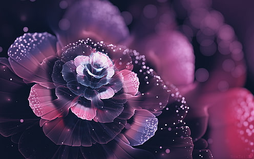 ilustracja fioletowy płatek kwiatu, brązowe i czerwone kwiaty fotografia zbliżeniowa, fraktal, fraktalne kwiaty, abstrakcja, płatki, bokeh, sztuka cyfrowa, Tapety HD HD wallpaper