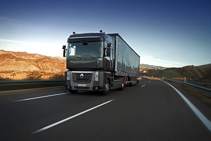the sky, black, hills, track, truck, Renault, Magnum, tractor, 4x2, the trailer, Renault Trucks, HD wallpaper