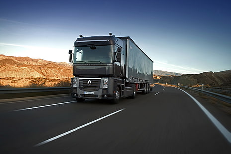  the sky, black, hills, track, truck, Renault, Magnum, tractor, 4x2, the trailer, Renault Trucks, HD wallpaper HD wallpaper