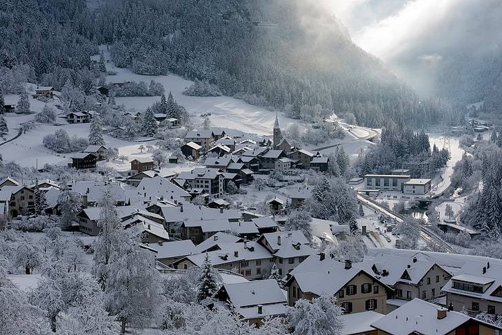หมู่บ้านไม้สีขาว, ฤดูหนาว, หิมะ, บ้าน, สวิตเซอร์แลนด์, เทศบาล, ฟิลิซูร์, เขตกริสันส์, วอลล์เปเปอร์ HD