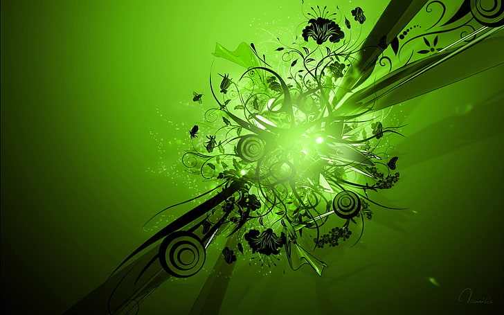 зелен и черен флорален тапет, абстрактно, HD тапет