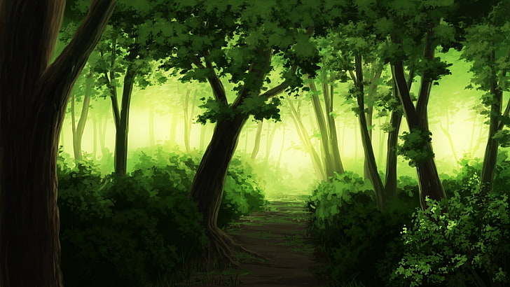 Paisagem de anime, floresta, árvore, pintar, anime, HD papel de parede