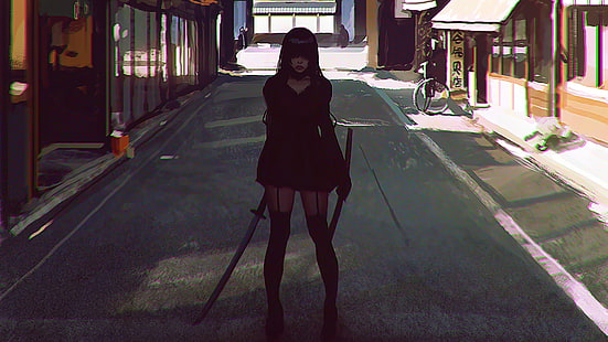 female anime character holding katana wallpaper, Ilya Kuvshinov, drawing, women, HD wallpaper HD wallpaper