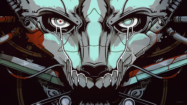 illustrazione aliena gatto grigio, opera d'arte, occhi, fantascienza, robot, cyberpunk, Sfondo HD
