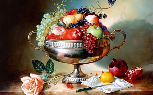 malowanie owoców, jabłka, wazon, owoce, granat, winogrona, Tapety HD HD wallpaper