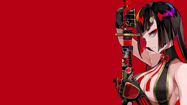 anime, anime girls, original characters, looking at viewer, dark hair, colorful, profile, gloves, katana, weapon, cleavage, sideboob, red background, simple background, artwork, digital art, drawing, 2D, illustration, LAM, HD wallpaper