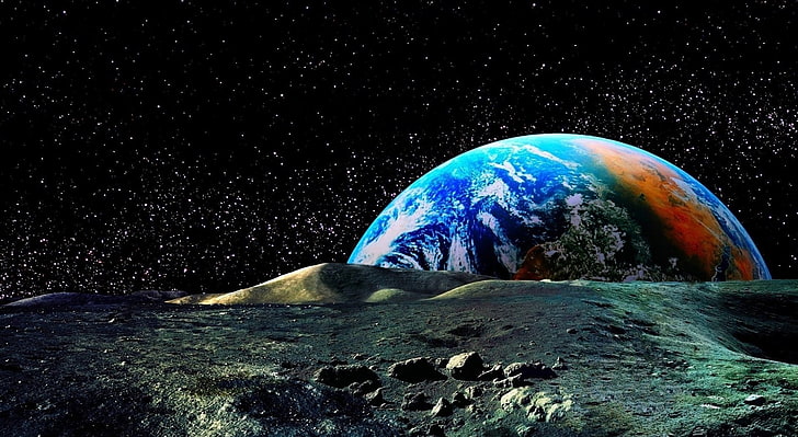 Colored Earth View From The Moon, planet earth illustration, Space, HD wallpaper