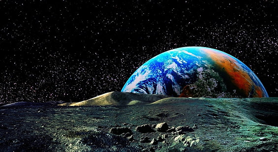 منظر الأرض الملون من القمر ، توضيح كوكب الأرض ، الفضاء، خلفية HD HD wallpaper
