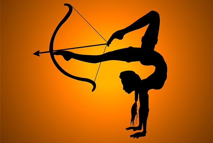 silhouette donna piega arco usando piedi, ragazza, flessibilità, ombra, arco, freccia, gambe, Sfondo HD