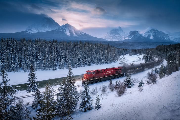 winter, forest, snow, trees, mountains, river, train, Canada, Albert, Banff National Park, Alberta, Canadian Rockies, Bow River, Bow Valley, The Bow River, Долина Боу, HD wallpaper