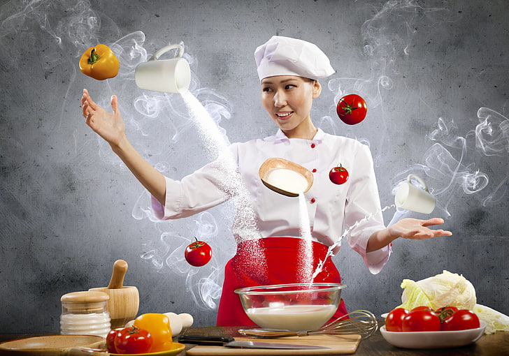 дамска бяла униформа за готвач, момиче, усмивка, храна, яйца, мляко, готвач, домати, зеле, брашно, чушки, HD тапет