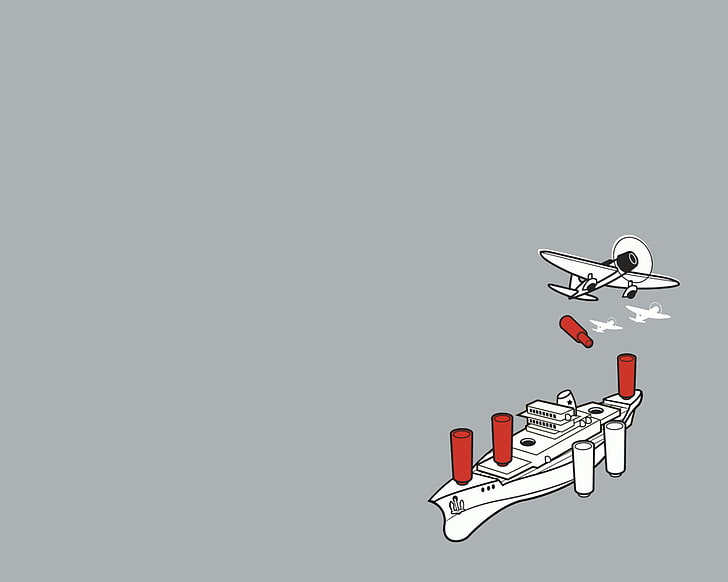 ship and aircraft illustration, threadless, simple, airplane, gray, Battleship, bombs, minimalism, simple background, humor, board games, HD wallpaper