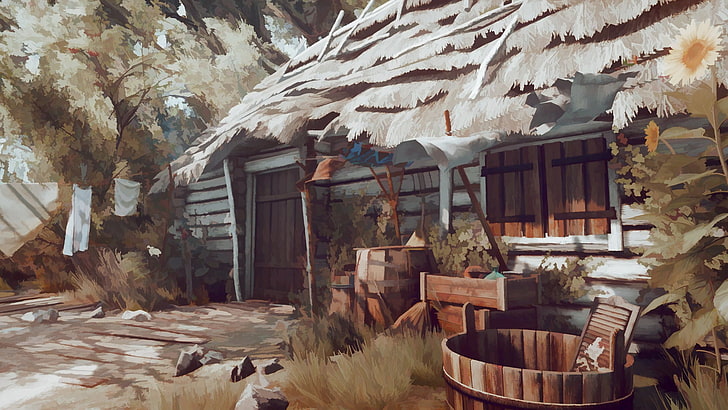 Peinture de maison en bois grise et marron, The Witcher 3: Wild Hunt, jeux vidéo, capture d'écran, peinture, art numérique, Fond d'écran HD