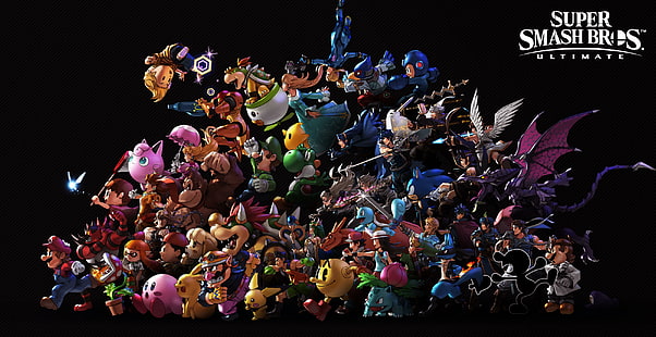 วิดีโอเกม, Video Game Art, Nintendo, Super Smash Bros. Ultimate, Super Smash Brothers, Mario (ตัวละคร, Jigglypuff, Kirby, Ness, Daisy, Pikachu, bowser, Donkey Kong, Princess Peach, Samus Aran, Rosalina, Falco, Mega Man , Lucina, Chrom, Sonic, Wario, Palutena, Pac-Man, Pichu, Yoshi, Luigi, Charizard, Squirtle, Ivysaur, Ridley, Link, Marth, Lucario, Robin (Fire Emblem), Inkling, Corrin, Zero Suit Samus, ดำ พื้นหลังกลุ่มคน, วอลล์เปเปอร์ HD HD wallpaper
