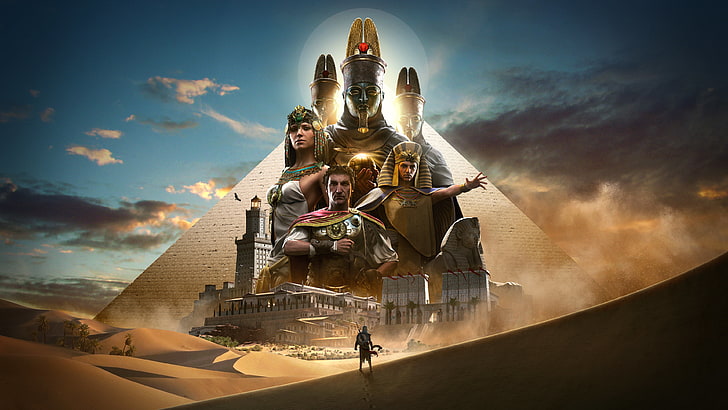 brązowo-biała miniatura statku galeonowego, Assassin's Creed: Origins, gry wideo, grafika, Assassin's Creed, Egipt, Piramidy w Gizie, Juliusz Cezar, Kleopatra, Ubisoft, Bayek, Tapety HD