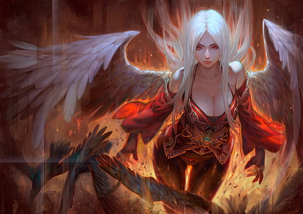 mujer de pelo blanco con alas ilustración, arte de fantasía, ángel, ilustraciones, Fondo de pantalla HD HD wallpaper