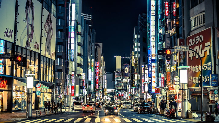 Япония, город, дорога, улица, ночь, огни, азия, HD обои