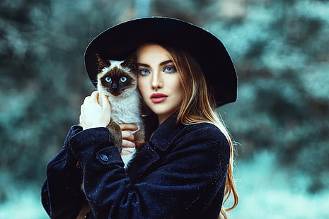 kot, zwierzęta, kobiety, modelka, kapelusz, portret, Alessandro Di Cicco, Tapety HD HD wallpaper