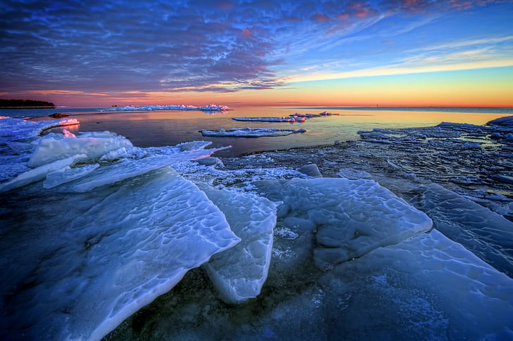 dawn, floes, ice, morning, sea, winter, HD wallpaper