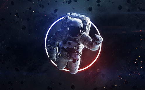 Espacio, astronauta, anillo, arte, neón, asteroides, cosmos, Vadim Sadovski, por Vadim Sadovski, Fondo de pantalla HD HD wallpaper
