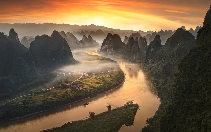 Река Ли в Китай близо до село Xingping в полето Yangshuo Sunset Flaming Sky Landscape Hd тапет за настолен лаптоп таблет и мобилни телефони 3840 × 2400, HD тапет