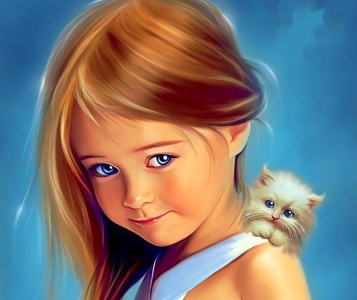 Artistic, Painting, Child, Cute, Kitten, Little Girl, HD wallpaper