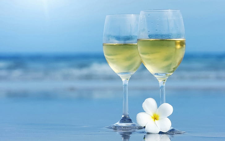 Duas taças de champanhe na praia, natureza, praia, momento, champanhe, natureza e paisagens, HD papel de parede