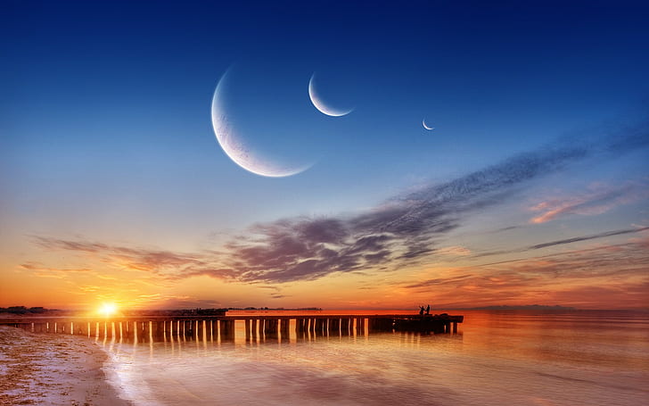 Sonnenuntergang, Pier, Strand, Himmel, Wasser, Meer, Küste, Wolken, Mond, HD-Hintergrundbild