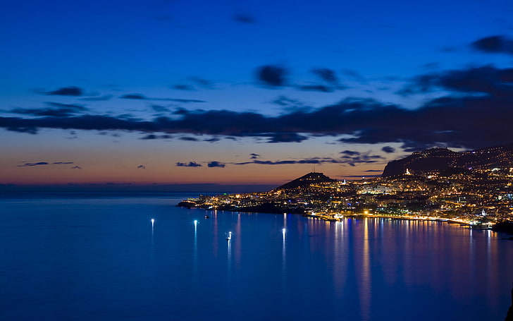 Funchal Bay, blue, cityscape, lights, madeiraislandportugal, ocean, photography, portugal, reflections, seascape, sky, sunset, water, HD wallpaper