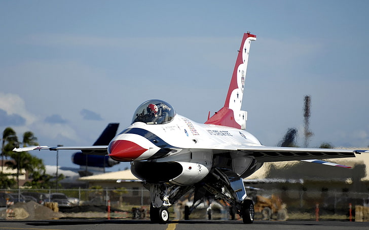 jet da combattimento bianco e rosso, aereo, militare, aereo, guerra, General Dynamics F-16 Fighting Falcon, Sfondo HD