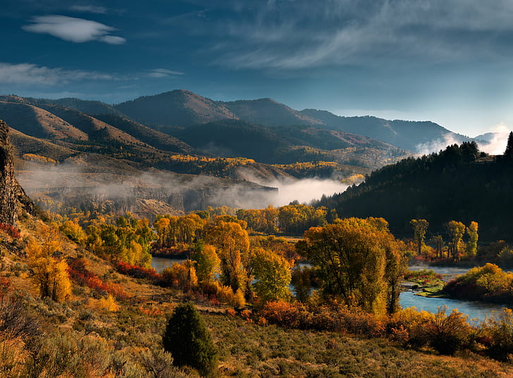 river between mountain ranges with brown trees under blue cloudy sky, Public Lands, Magazine, river, mountain, brown, trees, blue, cloudy, canyon, cliffs, clouds, color, colorful, cottonwood, east, fall, fog, glow, gold, horizontal, Idaho, landscape, leaves, mist, mountains, nature, peaceful, red  river, scenic, serene, snake river, south fork, sun rays, sunlight, tranquil, water, course, yellow, autumn, forest, tree, scenics, outdoors, beauty In Nature, sky, season, HD wallpaper