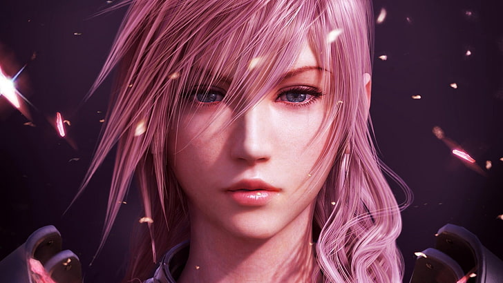 pink haired female anime character wallpaper, final fantasy xiii, girl, face, look, sunlight, lightning, HD wallpaper