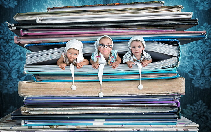 Três garotas bonitas em livro, fotos criativas, retrato de três garotas, Três, Bonito, Garotas, Livro, Criativa, Fotos, HD papel de parede