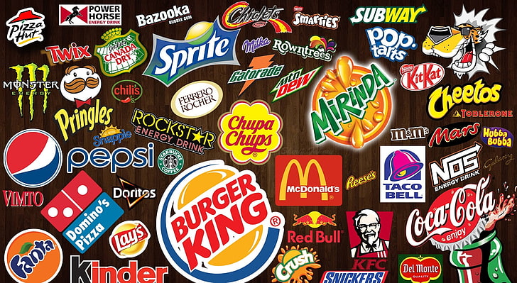 Logotipos de marcas, lote de logotipos, alimentos y bebidas, pepsi, hamburguesas, pizzahut, cheetos, milka, cocacola, alimentos, bebidas, bocadillos, Fondo de pantalla HD