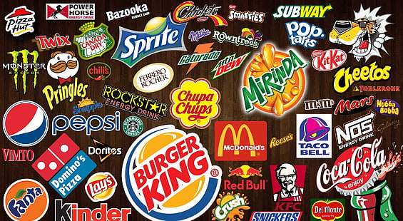 Logo Merek, Logo lot, Makanan dan Minuman, pepsi, burgerking, pizzahut, cheetos, milka, cocacola, makanan, minuman, makanan ringan, Wallpaper HD HD wallpaper