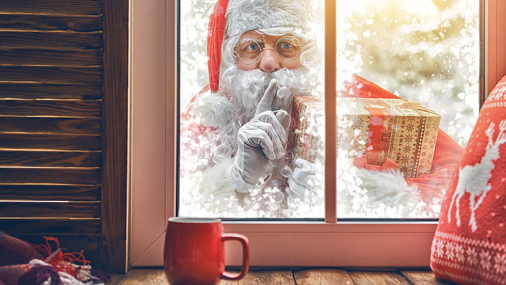 Санта Клаус, Коледа, прозорец, подарък, закрит, чаша, HD тапет