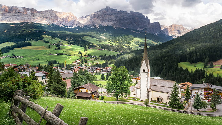 white cathedral near houses with landscape background, alta badia, italy, alta badia, italy, La Villa, Alta Badia, Italy, Landscape photography, white, cathedral, houses, background, dolomiti, trentino, fullframe, gruppo, nature, italia, trees, photography, village, geotagged  photo, landscape, sella group, mountains, grass, clouds, church, villa, dolomites, fe, travel, sony a7, outdoor, green, europe, mountain, european Alps, switzerland, summer, outdoors, austria, HD wallpaper