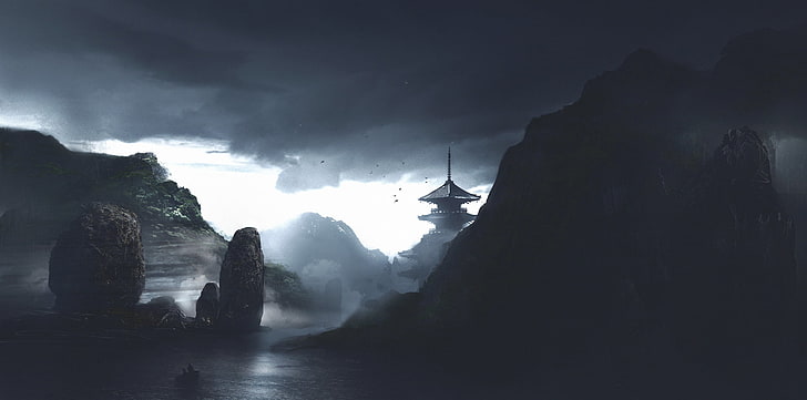 natura, Giappone, buio, atmosfera, pagoda, Sfondo HD