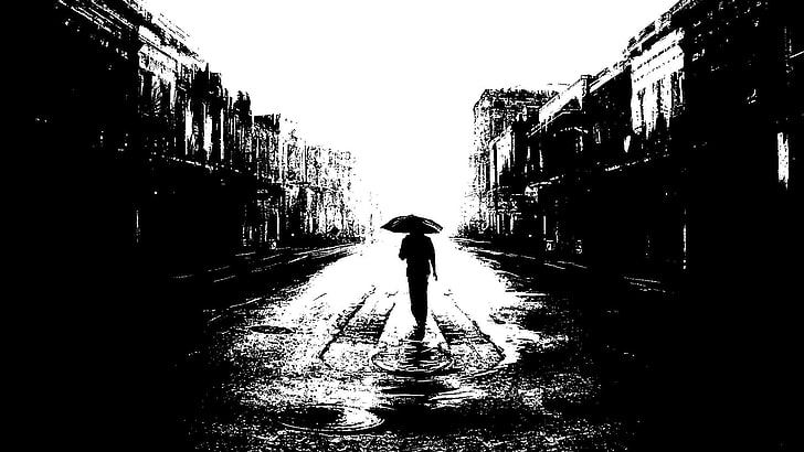 човек, използващ чадър, преминаващ сгради, произведения на изкуството, дигитално изкуство, чадър, сграда, улица, черен, бял, HD тапет