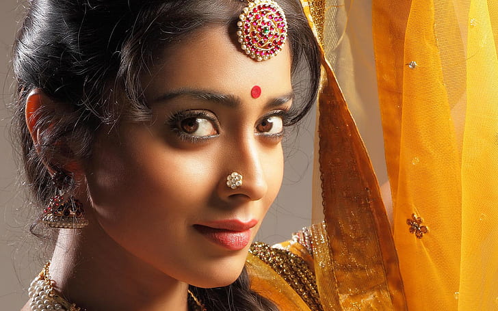 Shriya Saran Bollywood, rosafarbener und silberner Frauenohrring, Shriya Saran, Bollywood, HD-Hintergrundbild