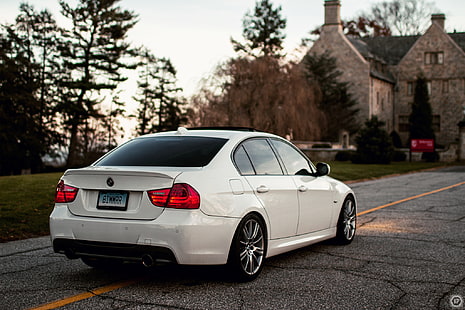 бял седан, бял, BMW, седан, E90, серията 3, HD тапет HD wallpaper