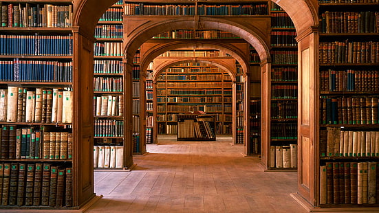 biblioteca marrone, Germania, Sassonia, Görlitz, sala letteratura storica, biblioteca scientifica, Sfondo HD HD wallpaper