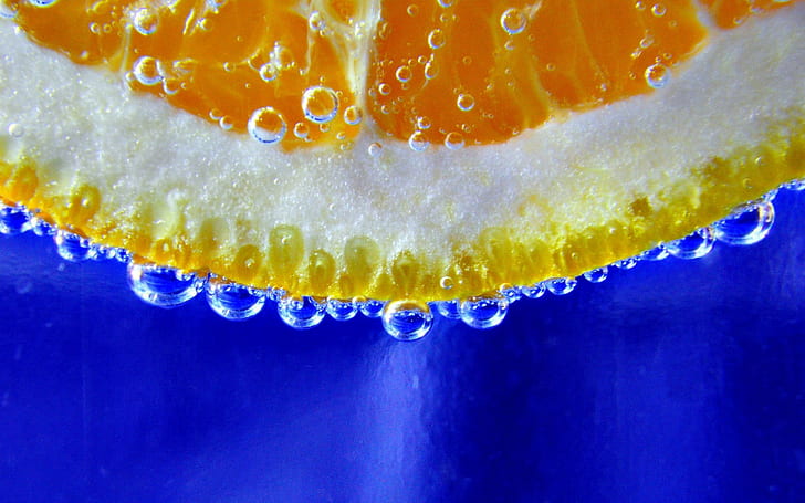 minimalism, underwater, bubbles, water, fruit, orange (fruit), blue background, closeup, HD wallpaper